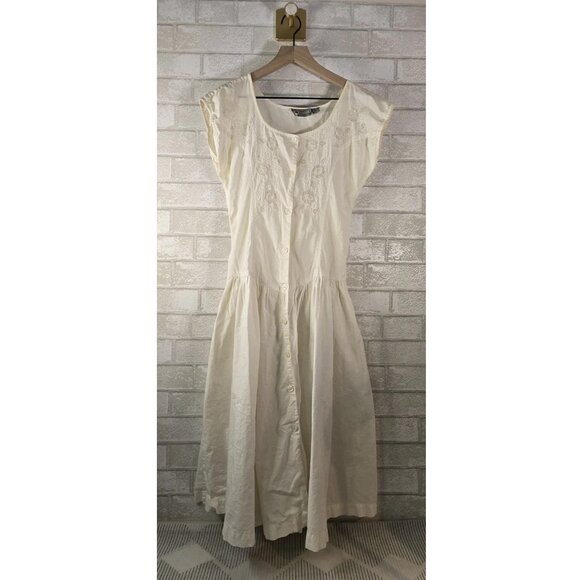 Phool White Full Button Drop Waist Midi Dress Floral Embroidery Cottagecore Sm - Picture 12 of 12